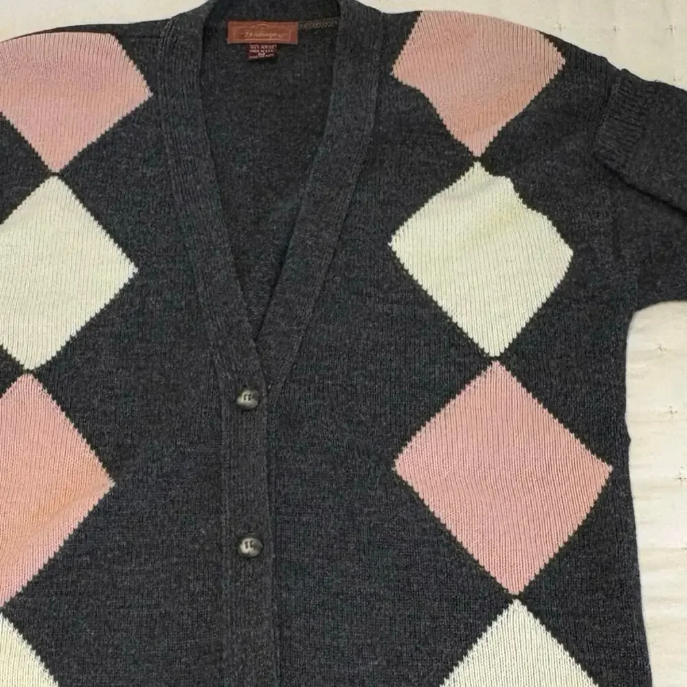 Vintage Worthington Argyle Cardigan Sweater Women's M | Gray Pink White V-Neck